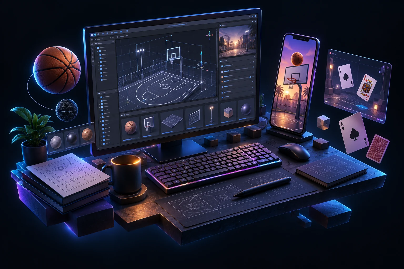 Illustrated game development workspace