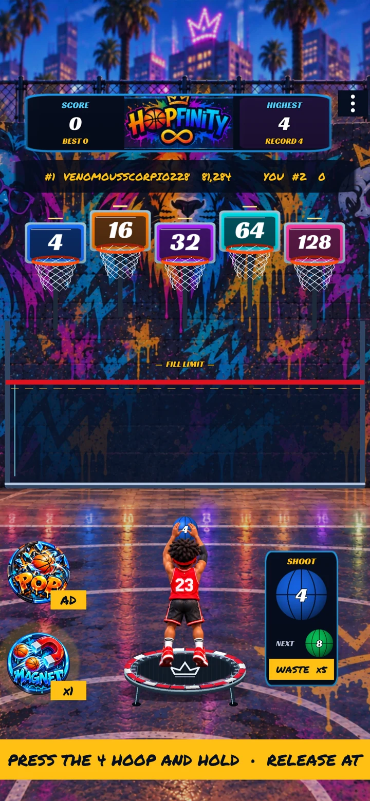 Actual Hoopfinity gameplay with numbered basketball hoops and player aiming a shot