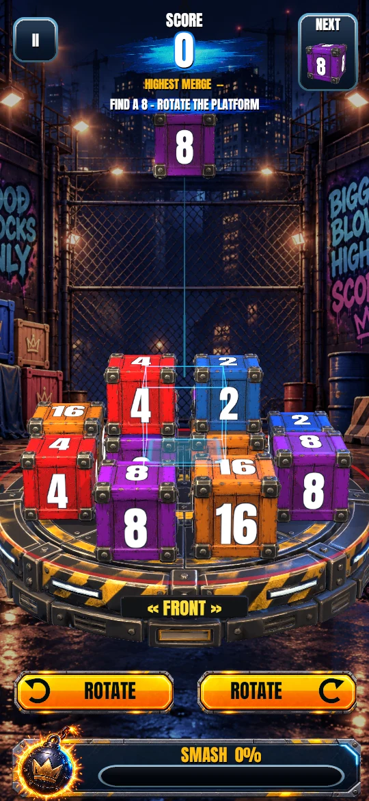 Actual Stack and Smash gameplay: colorful numbered wooden crates on a rotating industrial platform