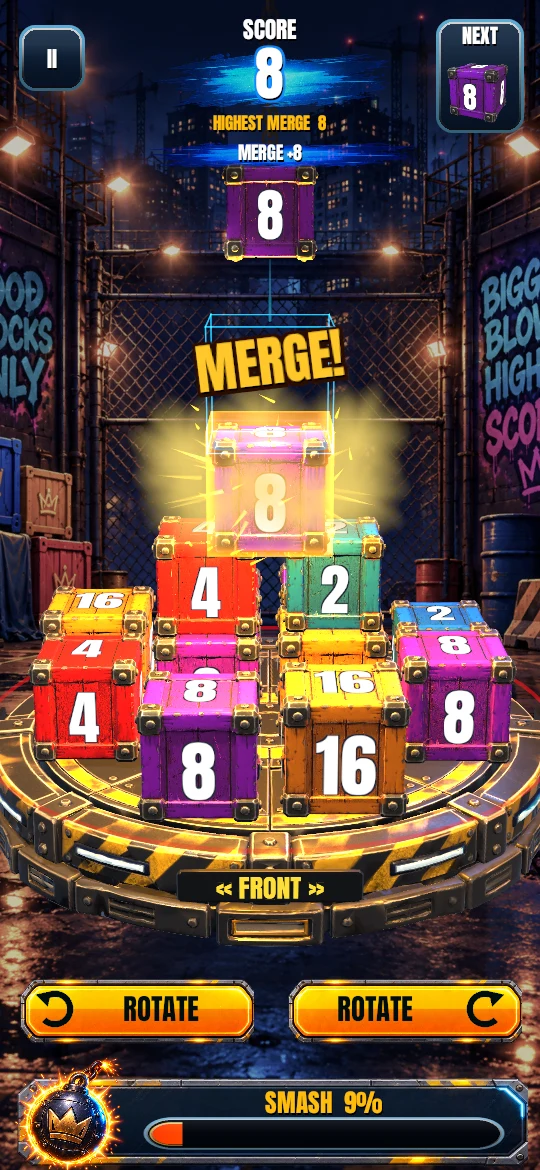 Golden merge effects around wooden crates in Stack and Smash